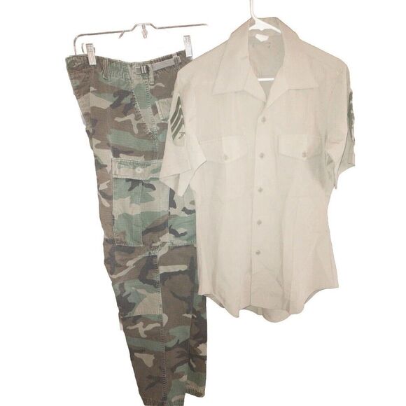 USMC Uniform SGT Rank Service Khaki Shirt SZ 15 & Camo Pants SZ Small Regular - Picture 1 of 14